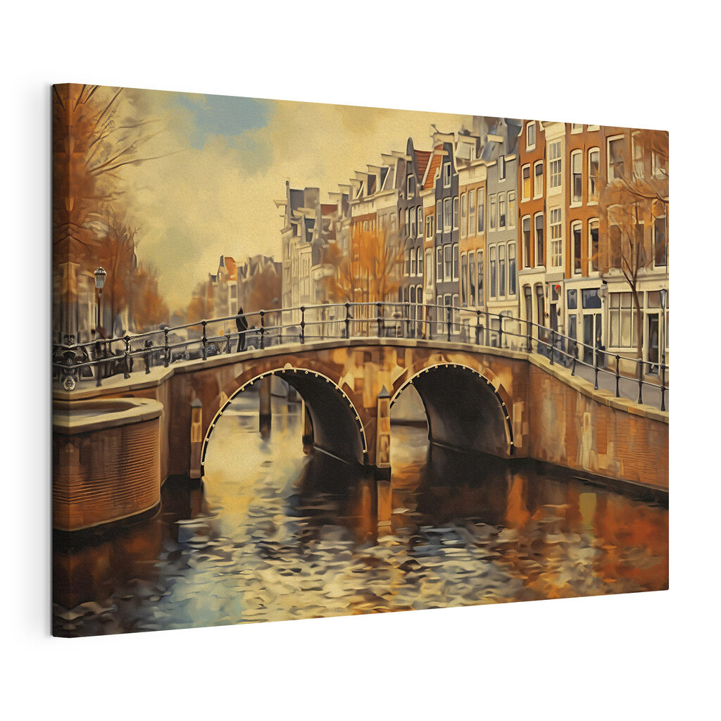 A bridge over a river with buildings in the background A bridge over a river with buildings in the background