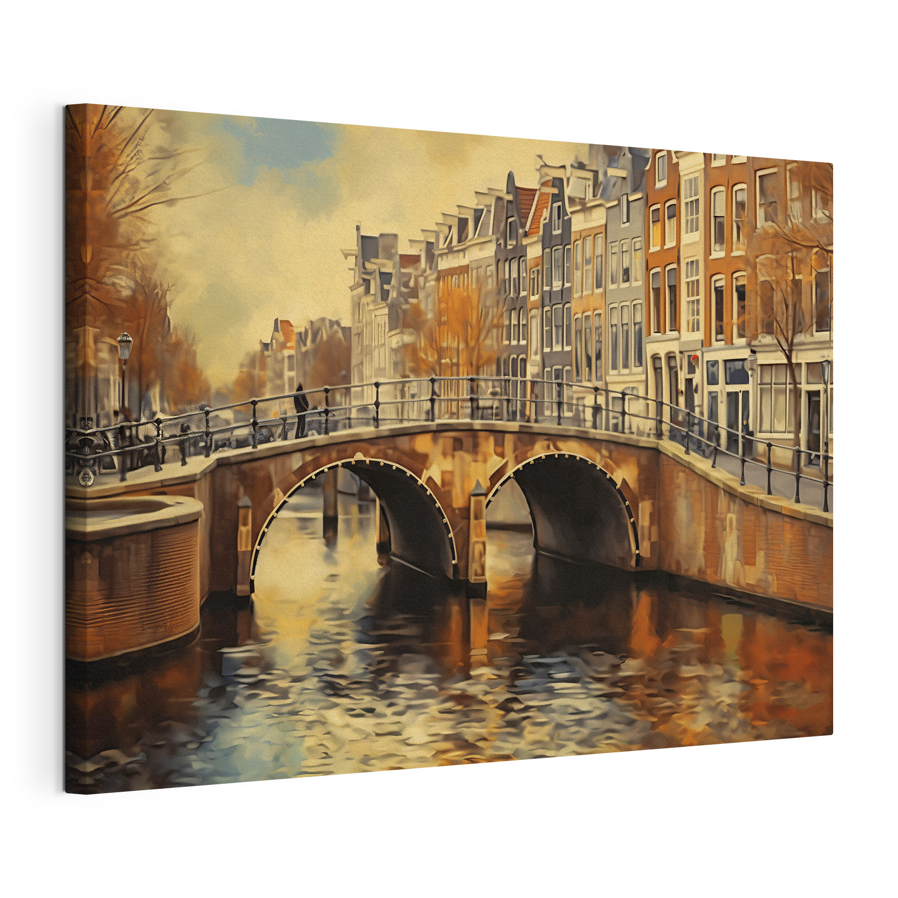 A bridge over a river with buildings in the background A bridge over a river with buildings in the background