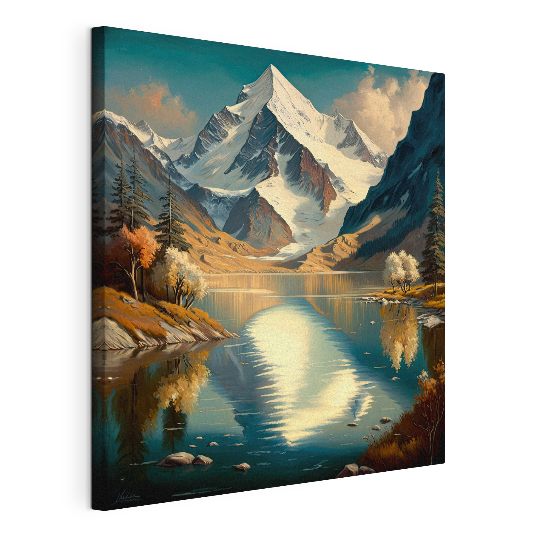A mountain lake with trees and a snowy mountain A mountain lake with trees and a snowy mountain