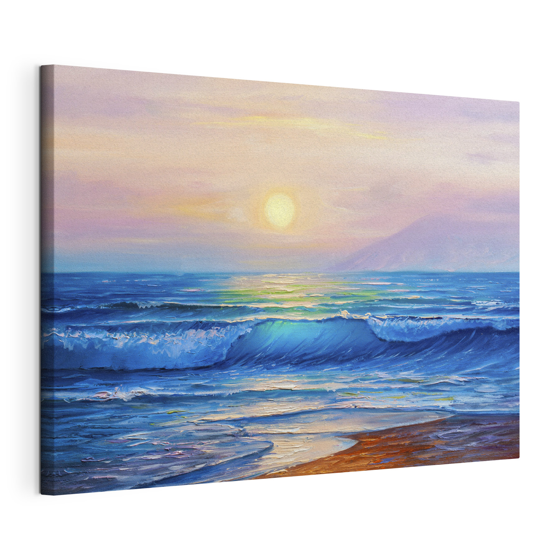 A painting of a beach with waves and a sunset A painting of a beach with waves and a sunset