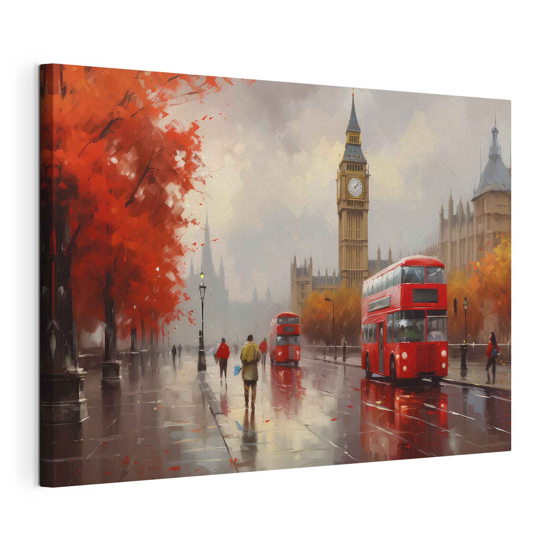 A painting of a city street with a clock tower and double decker bus
