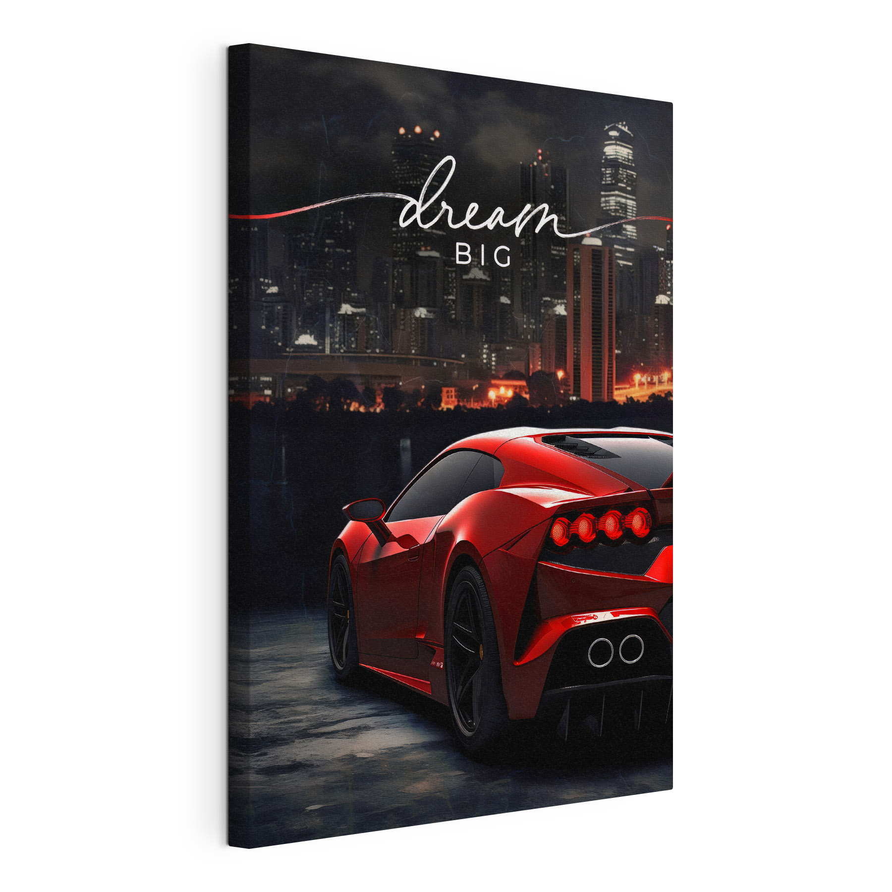 A red sports car in front of a city skyline A red sports car in front of a city skyline