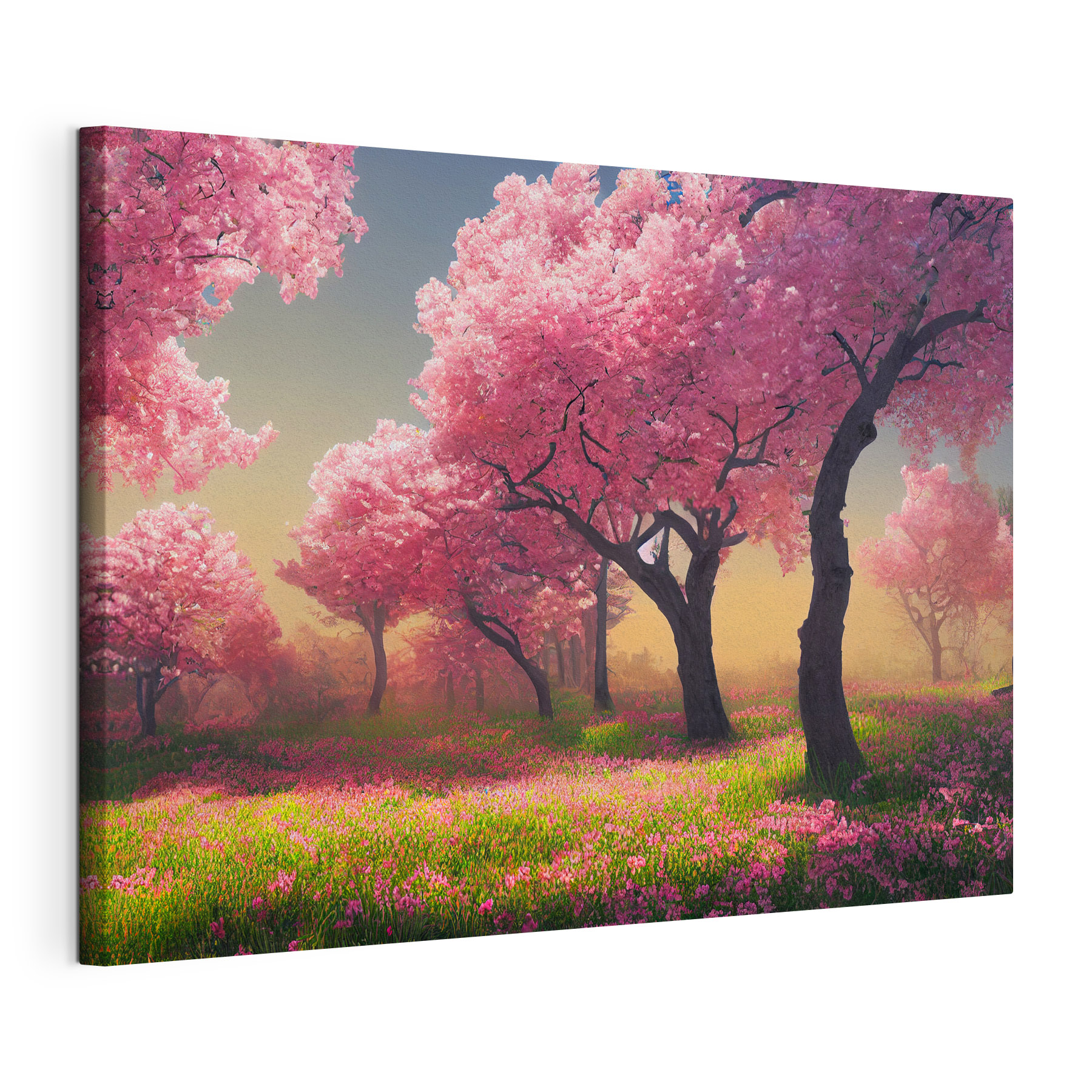 A field of pink flowers with trees A field of pink flowers with trees