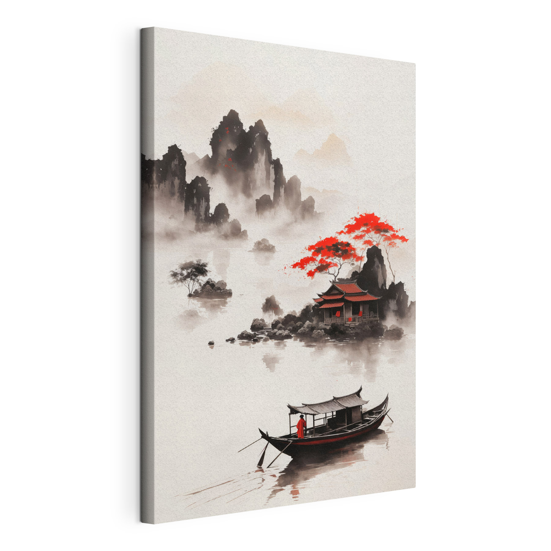 Painting of a house and a boat in the water Painting of a house and a boat in the water