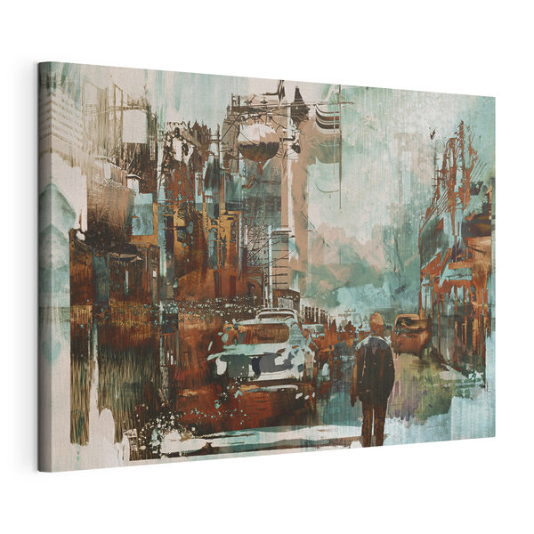 Cuadros Un hombre caminando por una calle con coches y edificios (SKU: s35874) Cuadros Cuadros Un hombre caminando por una calle con coches y edificios (SKU: s35874)