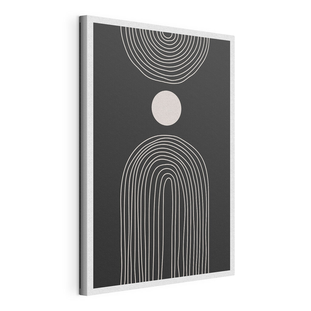 Black and white poster with a white circle and a black and white rainbow