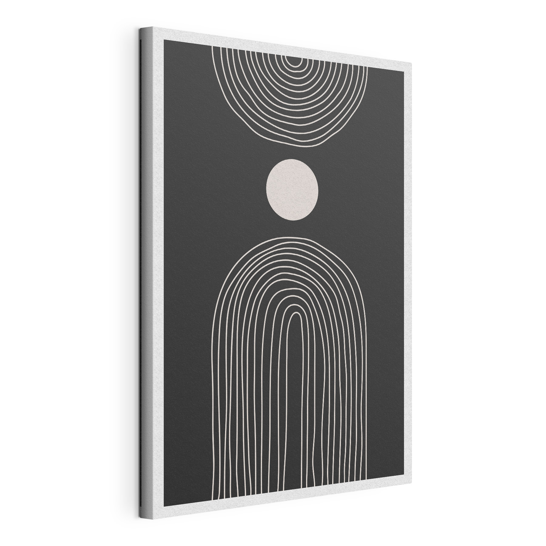 Black and white poster with a white circle and a black and white rainbow