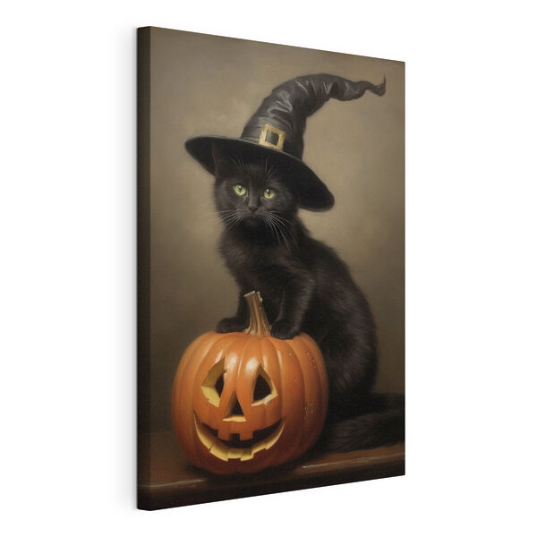 Cuadros Gato con un sombrero de persona sentado sobre una calabaza (SKU: s35961) Cuadros Cuadros Gato con un sombrero de persona sentado sobre una calabaza (SKU: s35961)