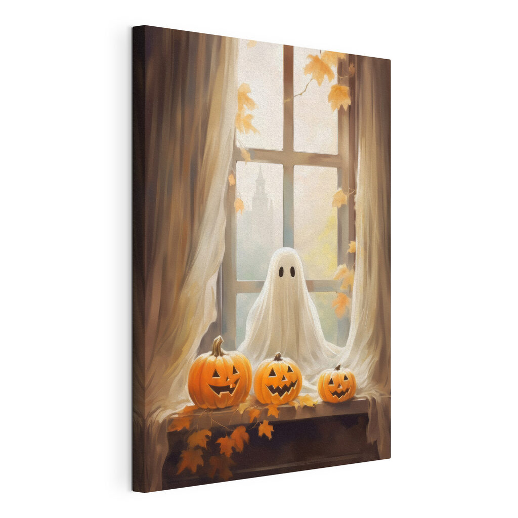 Group of pumpkins and a ghost sitting on a window sill Group of pumpkins and a ghost sitting on a window sill