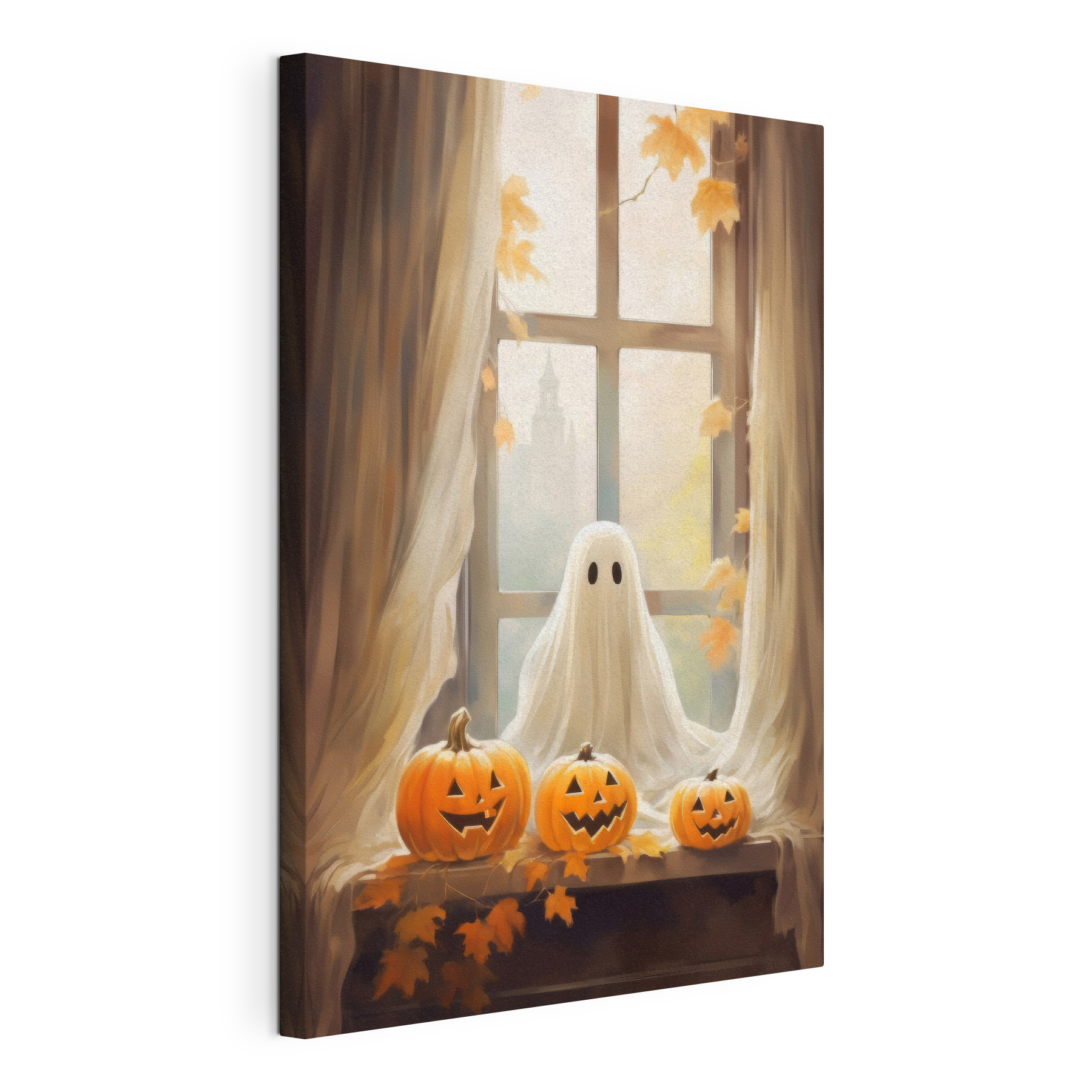 Group of pumpkins and a ghost sitting on a window sill Group of pumpkins and a ghost sitting on a window sill
