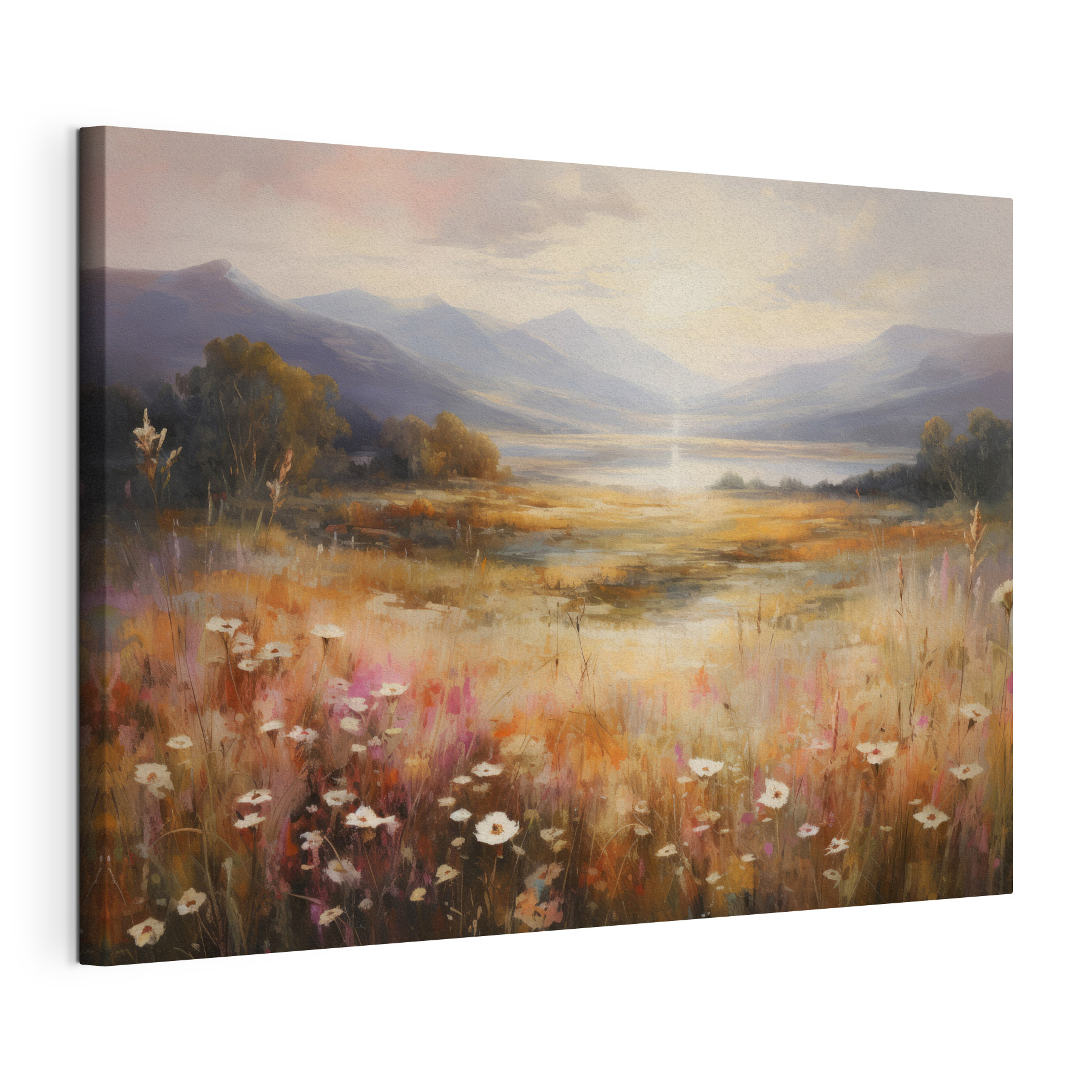 Painting of a field with flowers and mountains in the background Painting of a field with flowers and mountains in the background