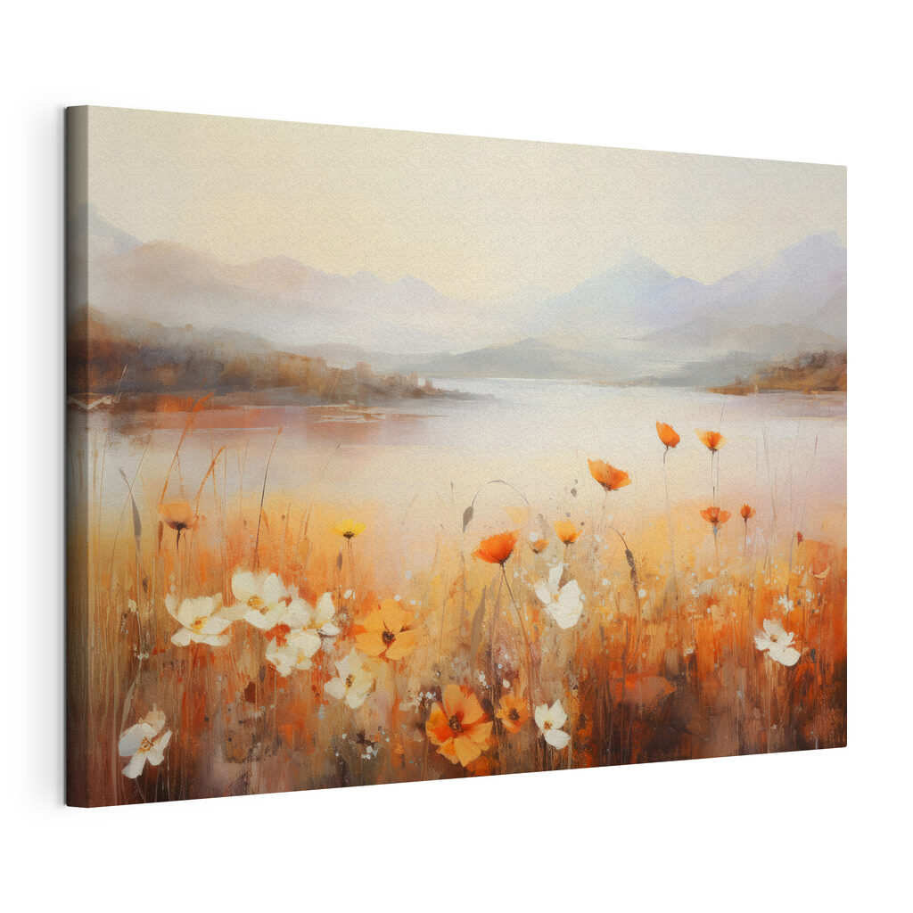 Painting of flowers by a lake