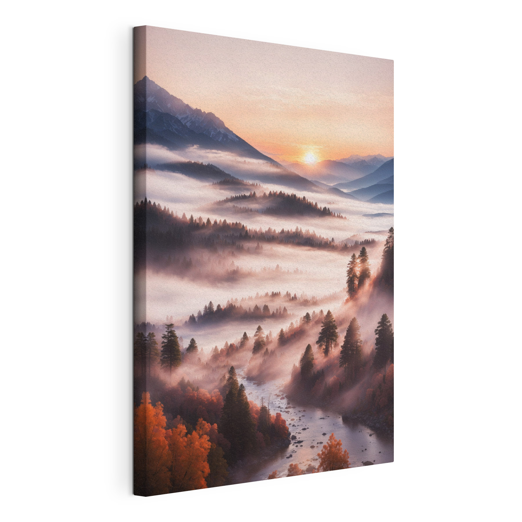 A valley with trees and fog