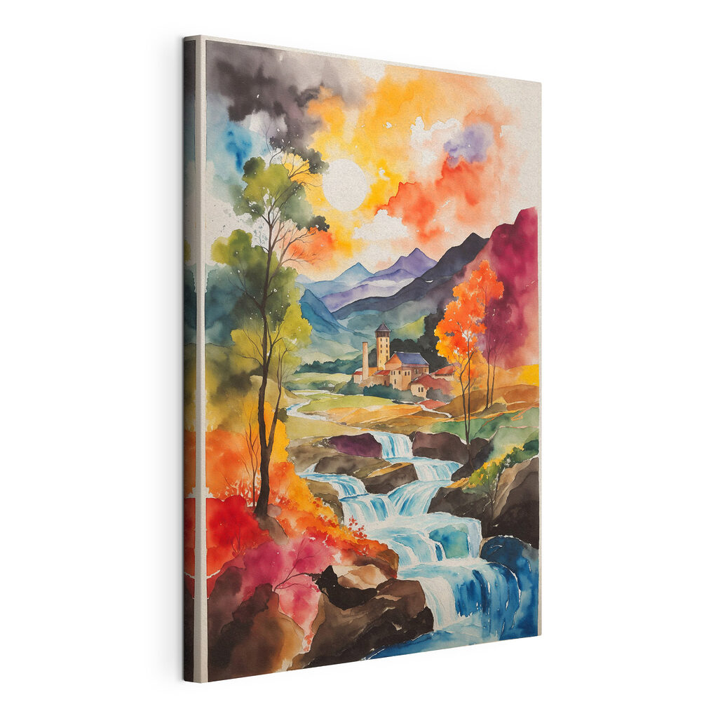 Watercolor painting of a house and a river