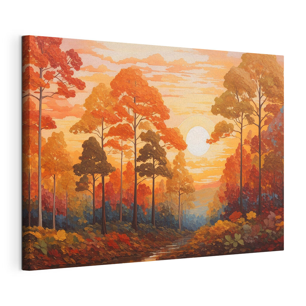 Painting of a forest with trees and a river