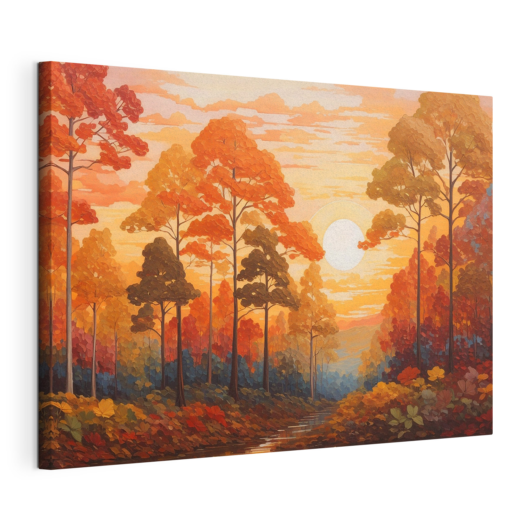 Painting of a forest with trees and a river