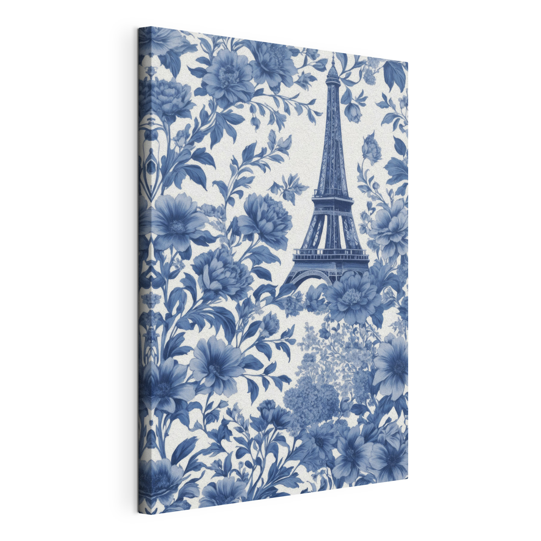 Blue and white floral pattern with a tower