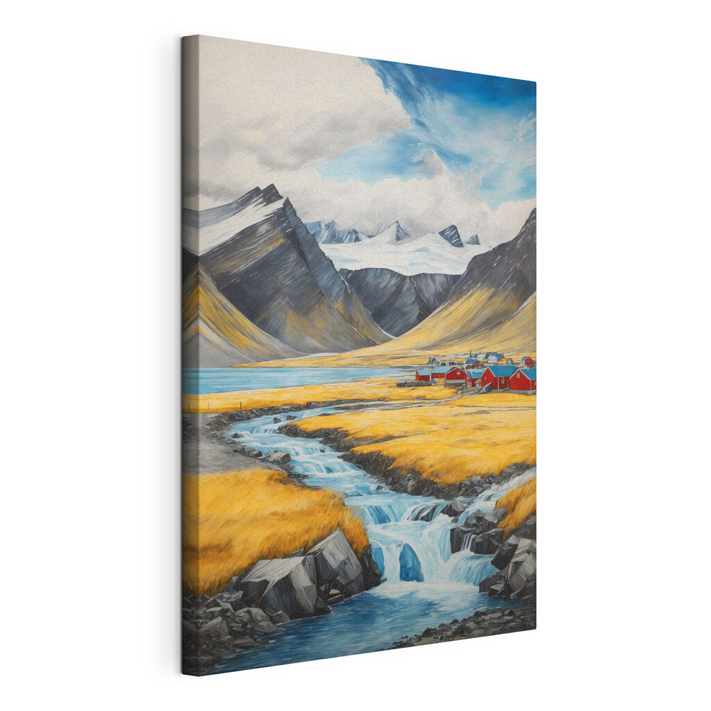 River running through a valley with mountains and a village River running through a valley with mountains and a village