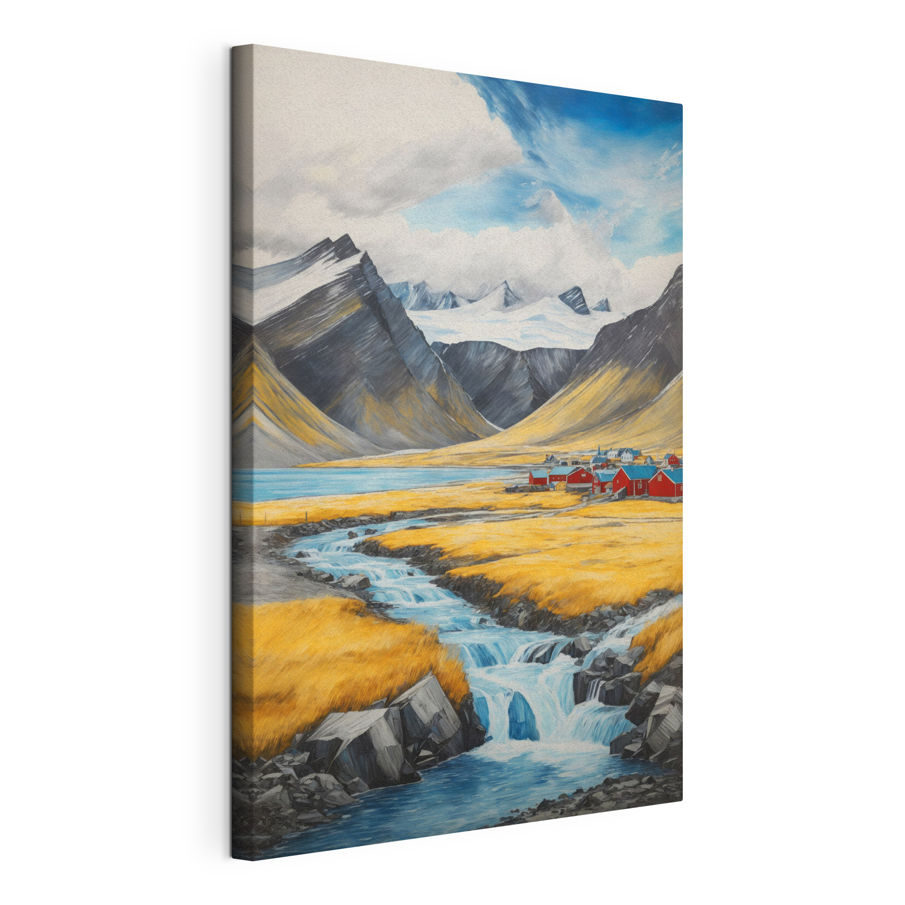 River running through a valley with mountains and a village River running through a valley with mountains and a village