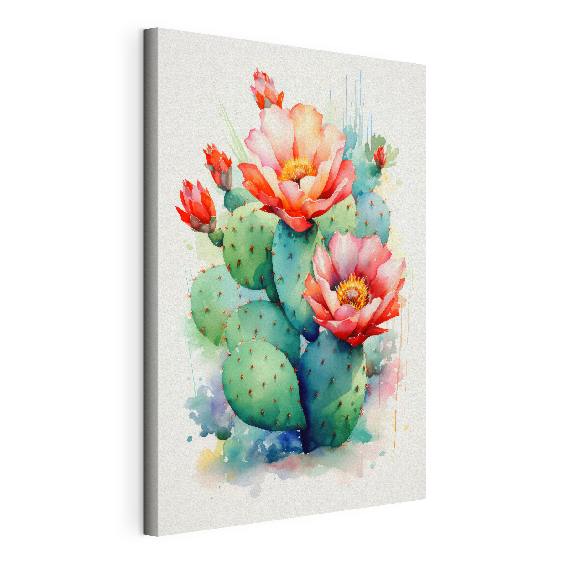 Watercolor painting of a cactus with flowers