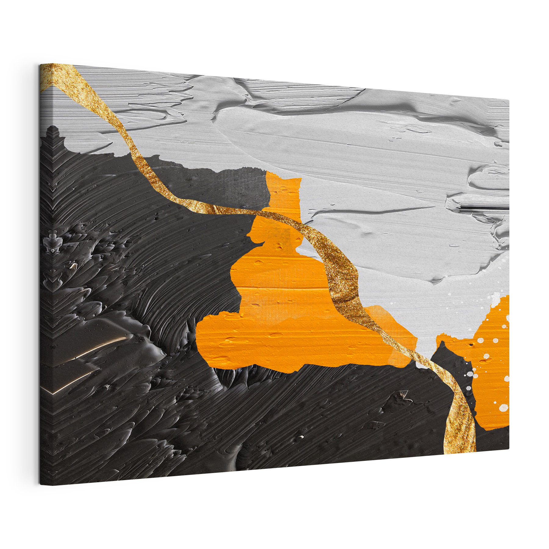 Black and white painting with orange and white paint