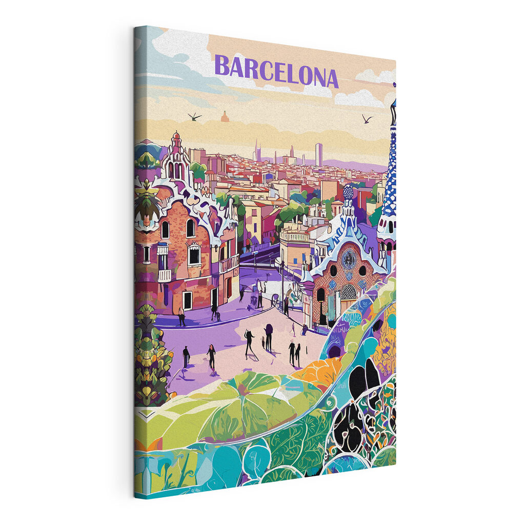Colorful cityscape with people walking on a street