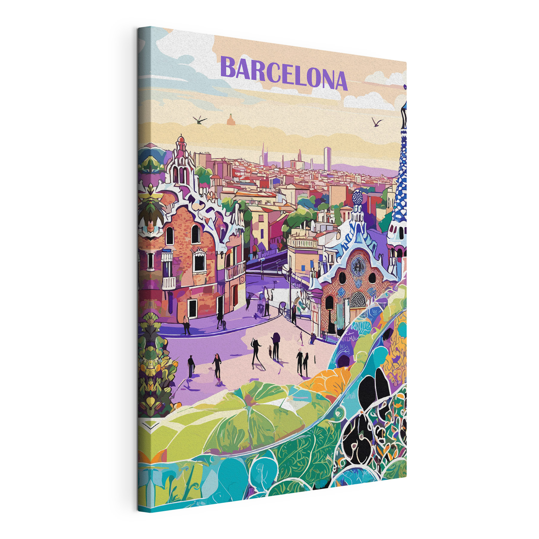 Colorful cityscape with people walking on a street
