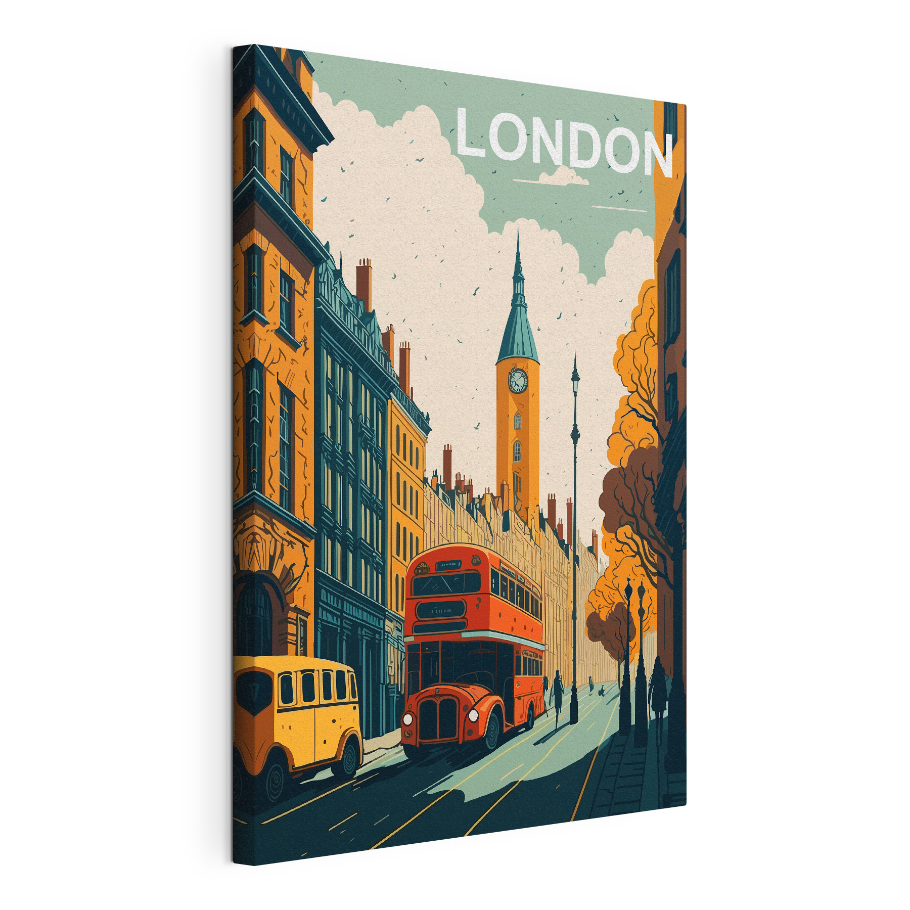 A city street with a bus and a clock tower A city street with a bus and a clock tower