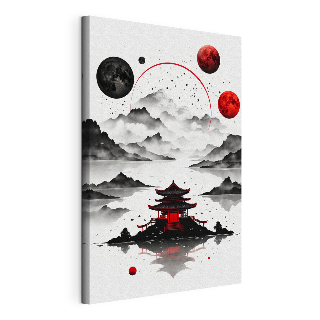 A pagoda on a lake with mountains and moon A pagoda on a lake with mountains and moon