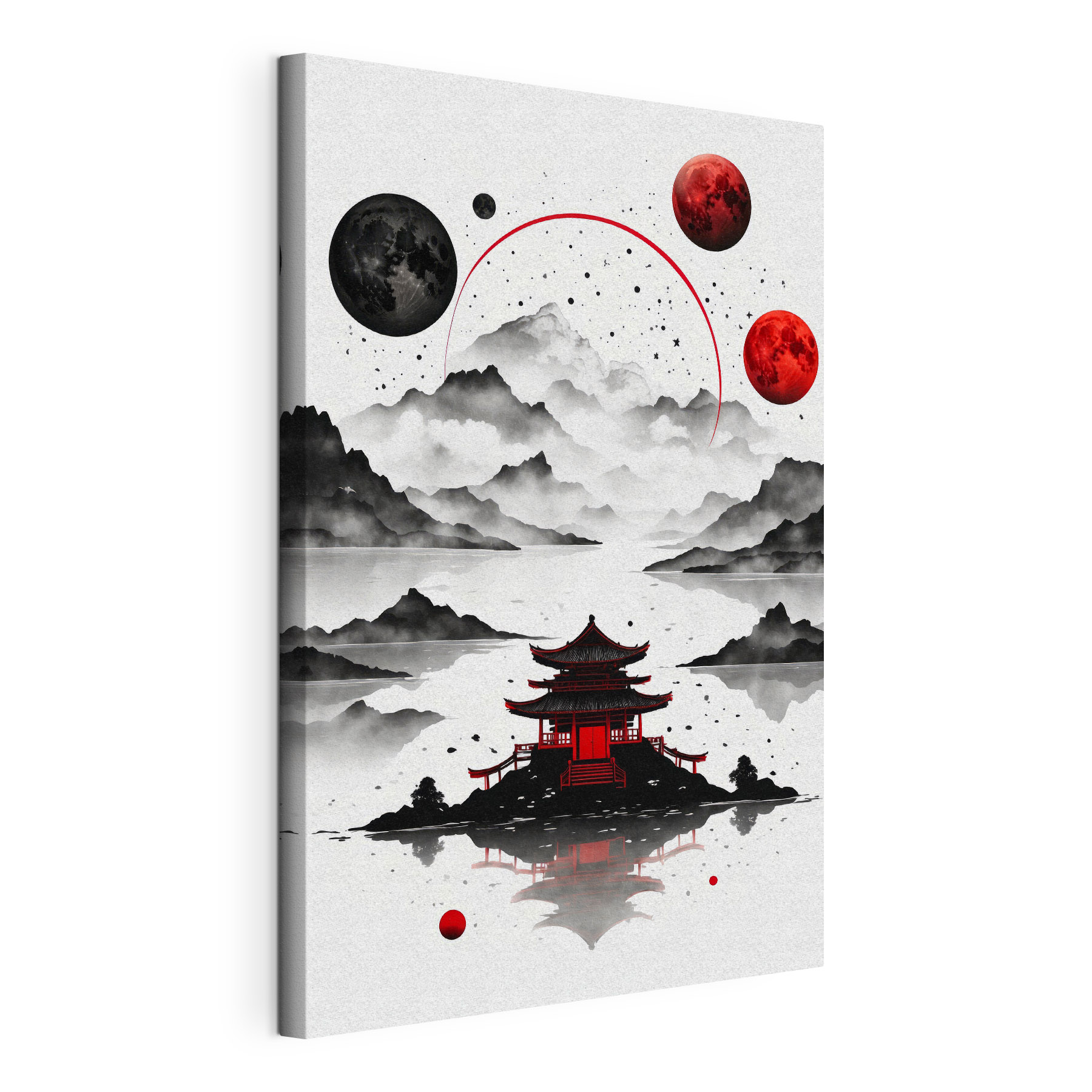 A pagoda on a lake with mountains and moon A pagoda on a lake with mountains and moon