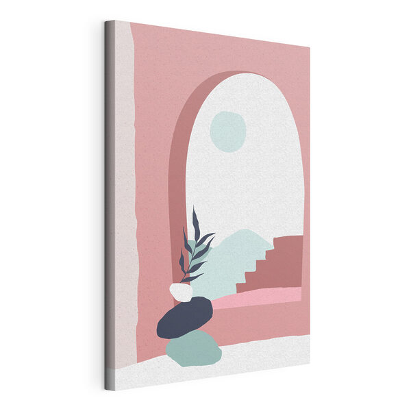 Cuadros Ilustración en tonos rosa y azul de una ventana con una planta en un jarrón (SKU: s36458) Cuadros Cuadros Ilustración en tonos rosa y azul de una ventana con una planta en un jarrón (SKU: s36458)