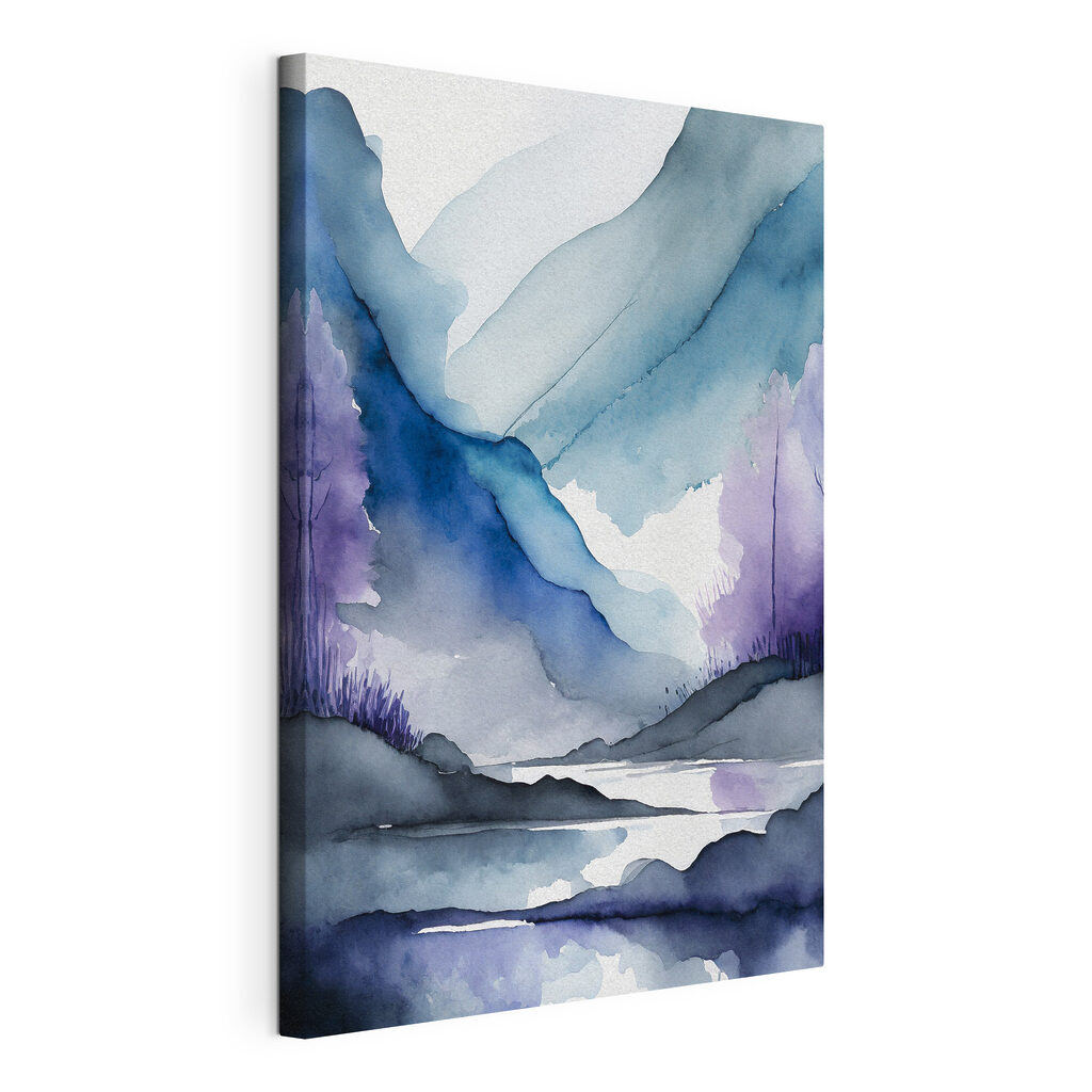 Watercolor painting of mountains and trees and a river