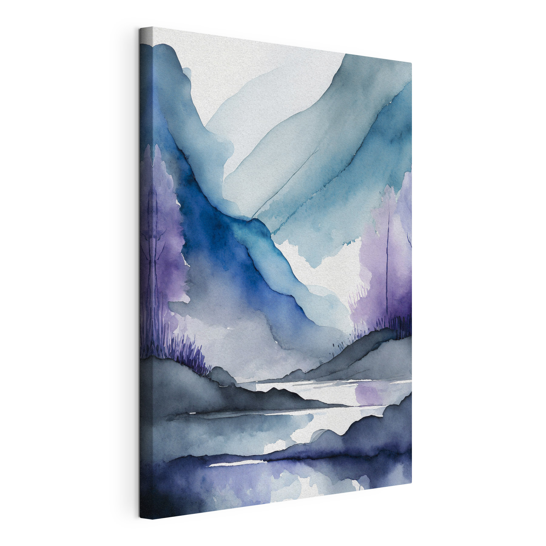 Watercolor painting of mountains and trees and a river