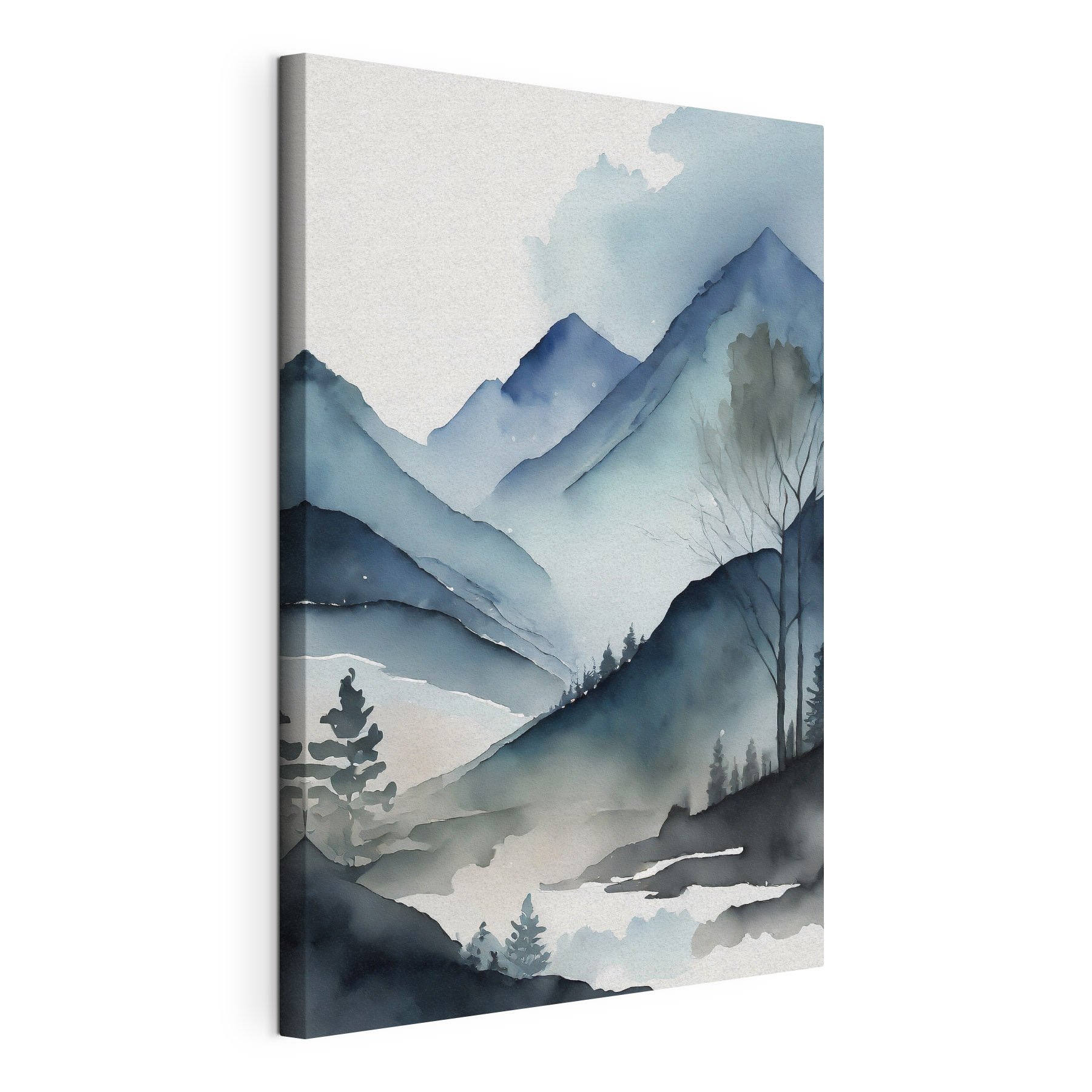 Watercolor of a mountain range with trees and fog