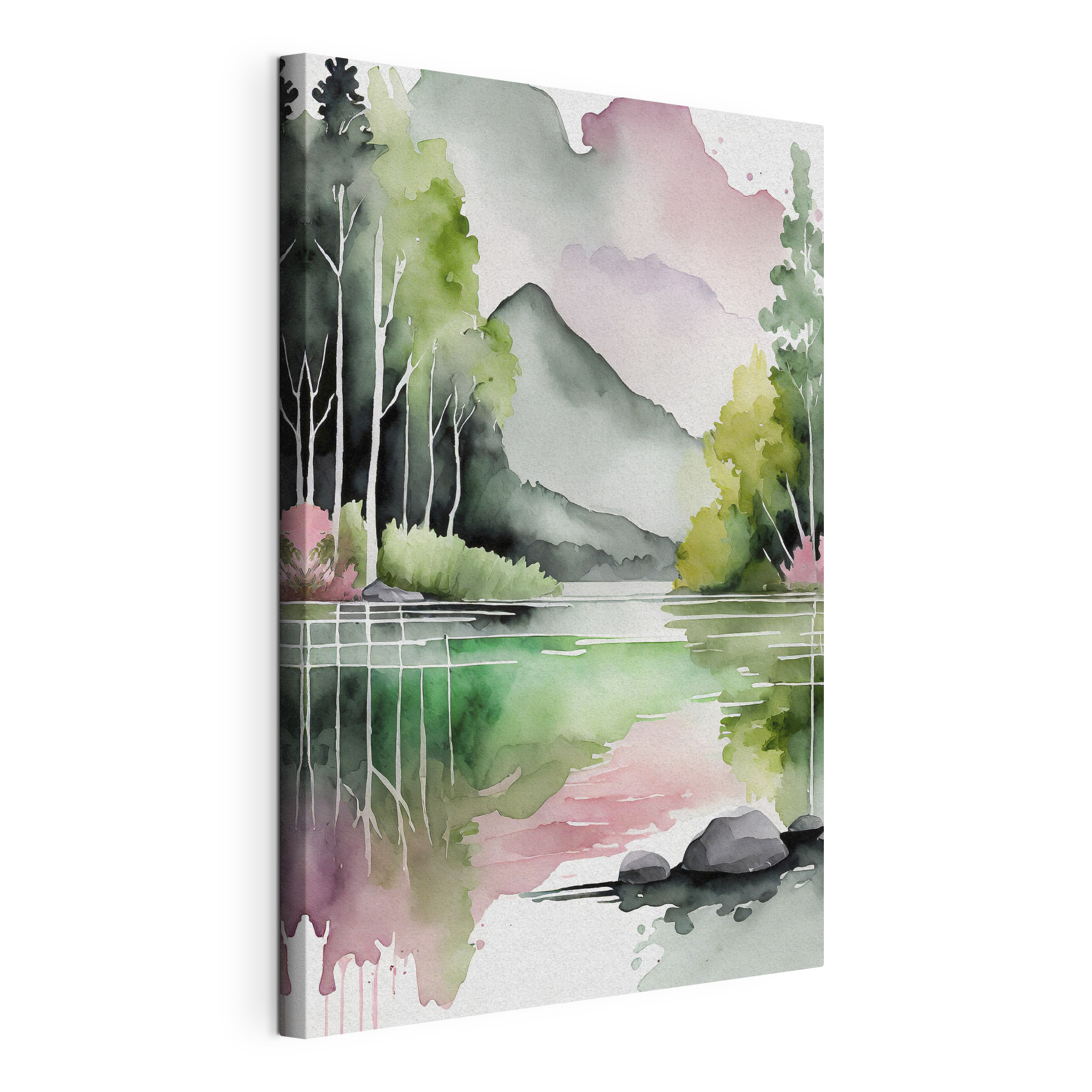 Watercolor painting of a lake with trees and mountains in the background Watercolor painting of a lake with trees and mountains in the background