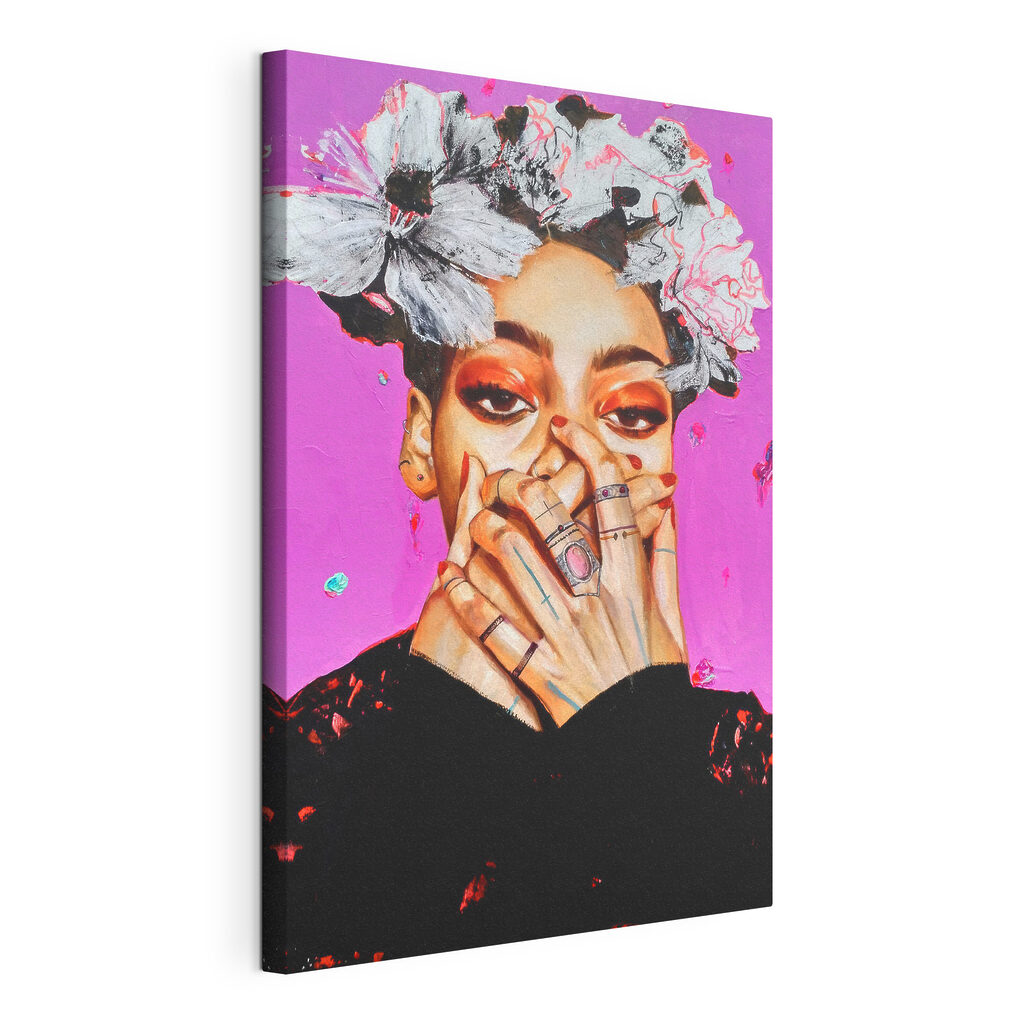 A painting of a woman with her hands over her mouth