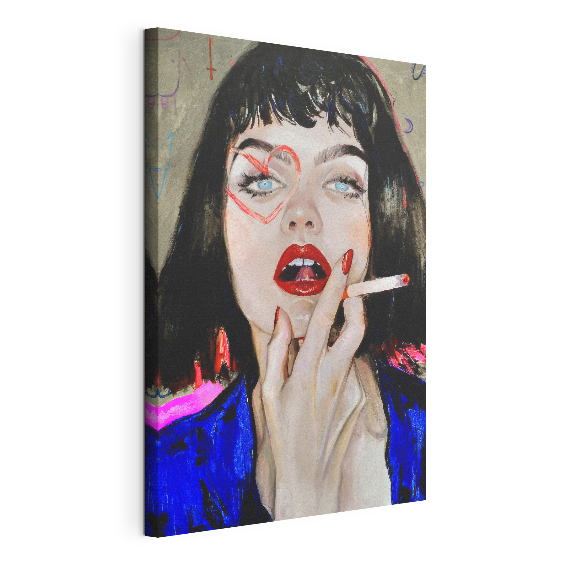 A woman with red lipstick and red lips smoking a cigarette
