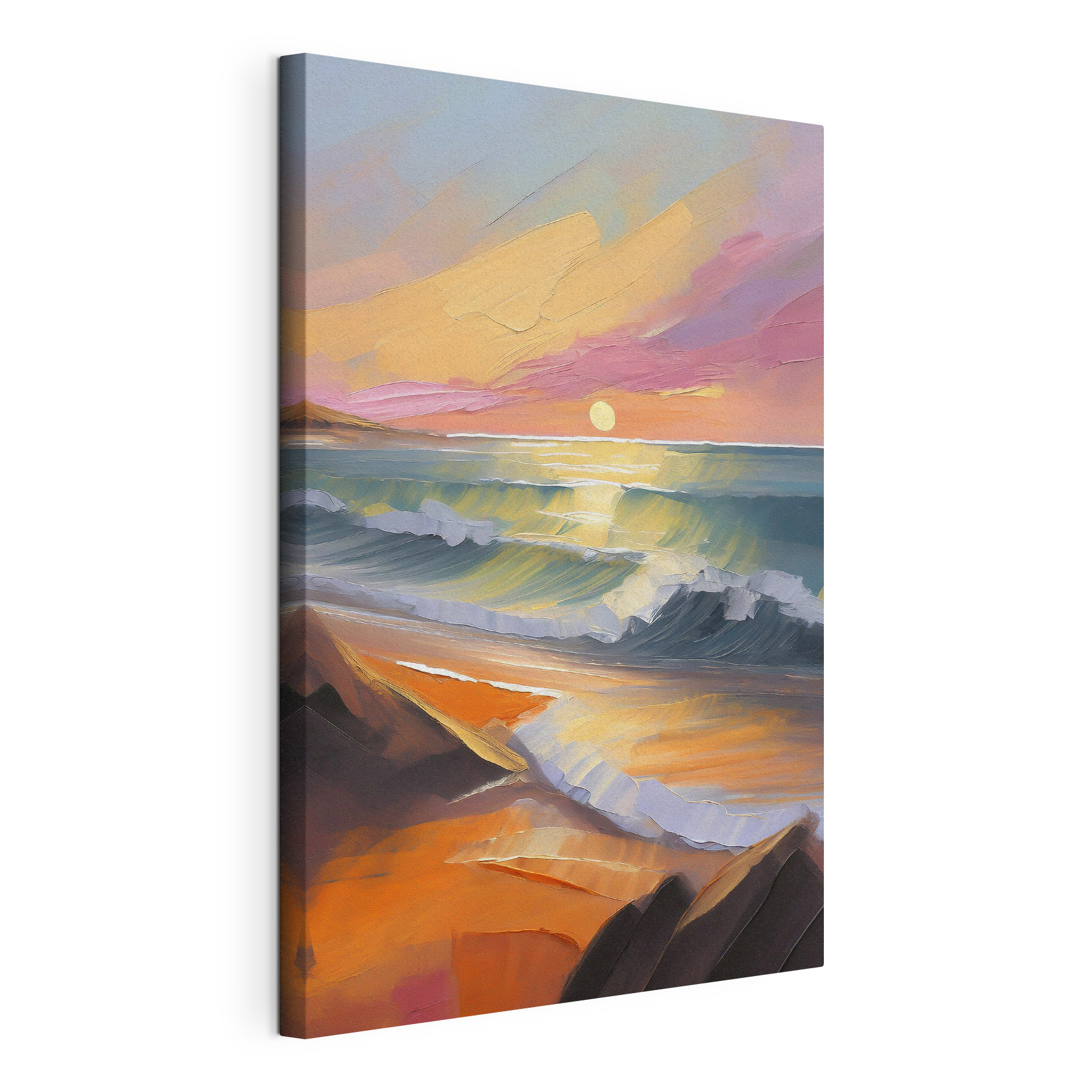 Painting of a beach with waves and a sunset Painting of a beach with waves and a sunset