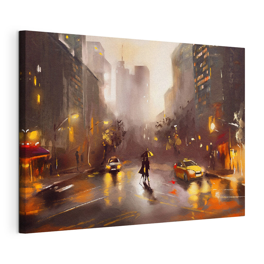 A person with an umbrella walking on a wet street with cars and buildings A person with an umbrella walking on a wet street with cars and buildings