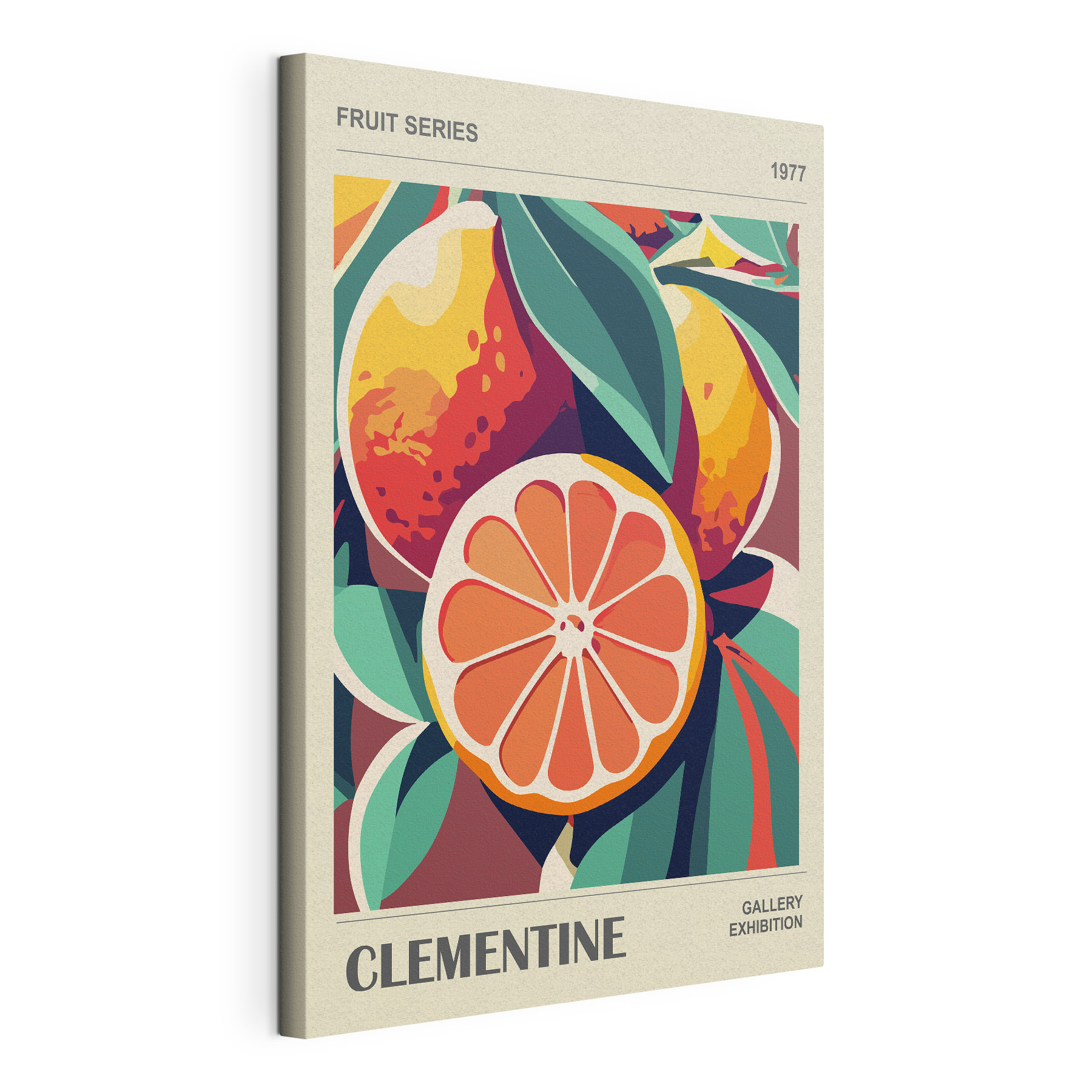 A fruit with leaves and a slice of orange