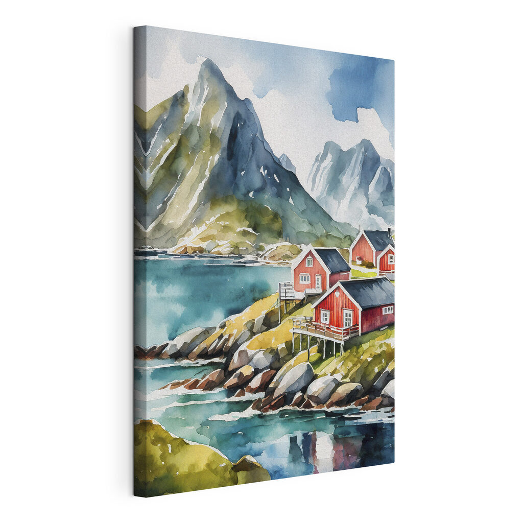 Watercolor painting of houses on a hill by a body of water Watercolor painting of houses on a hill by a body of water