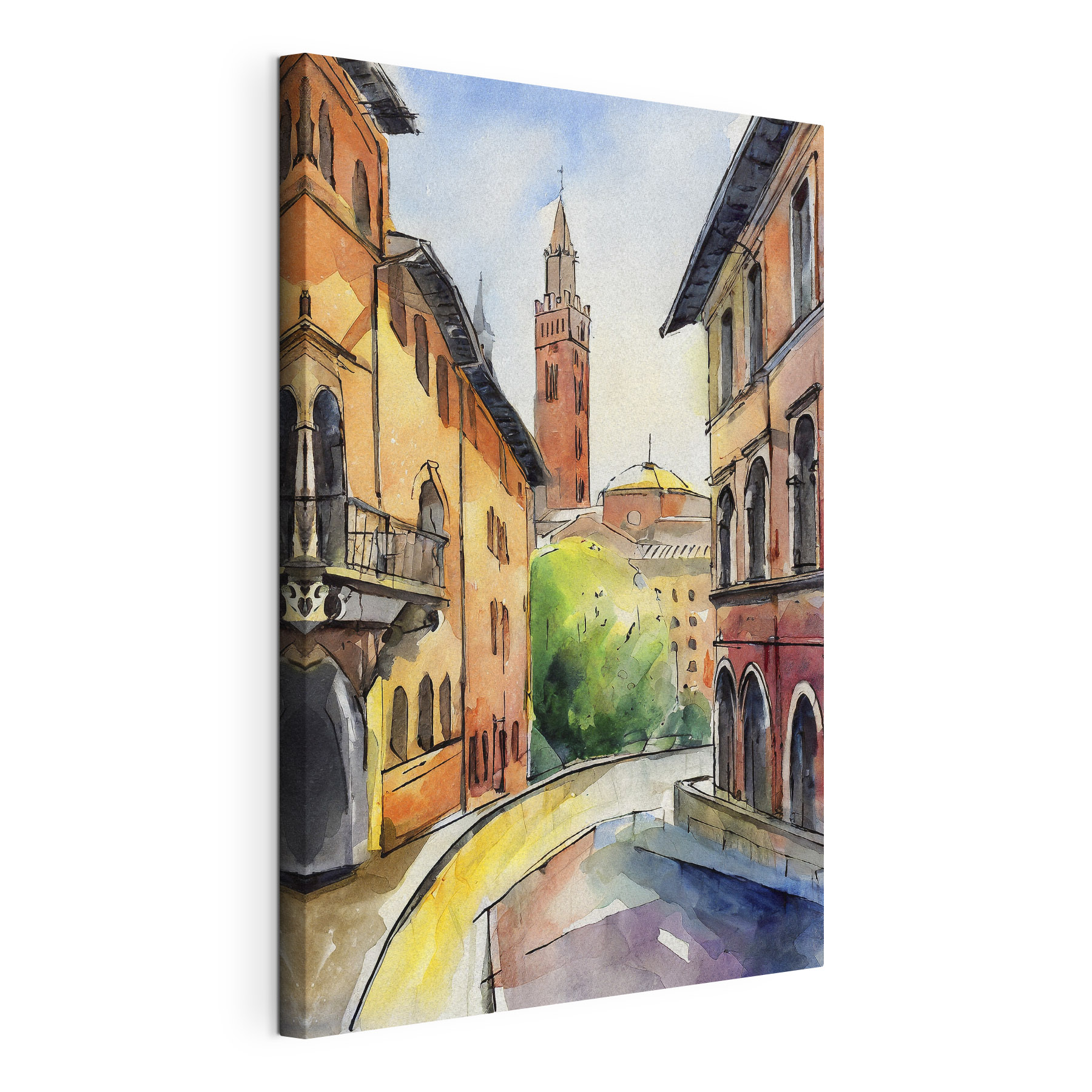 Watercolor of a street with buildings and trees
