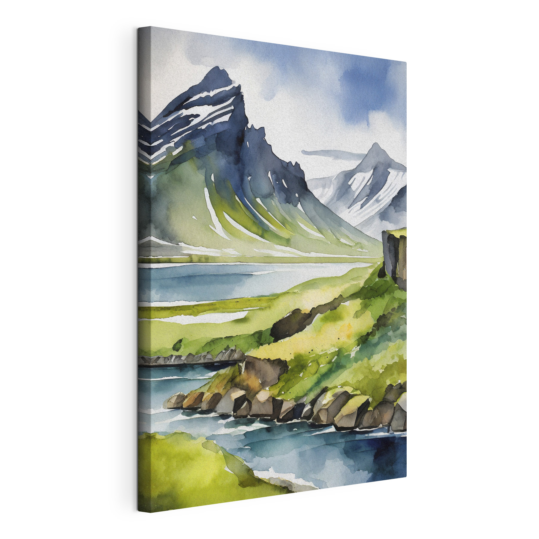 Watercolor painting of a mountain and lake