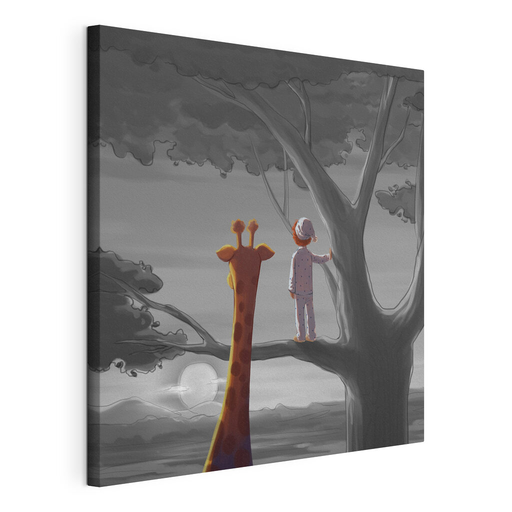A giraffe and a child standing in a tree A giraffe and a child standing in a tree