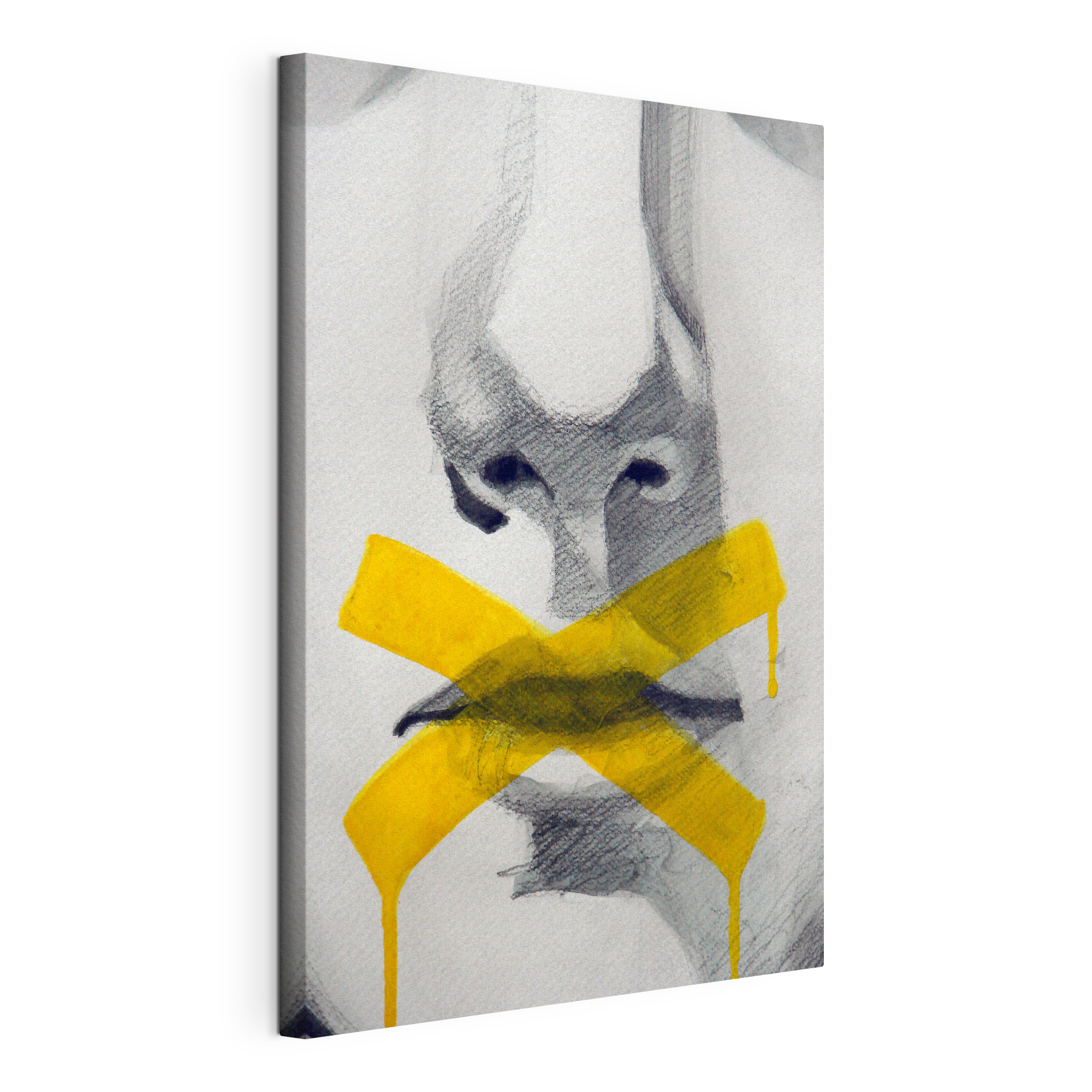 A drawing of a person's face with a yellow tape A drawing of a person's face with a yellow tape