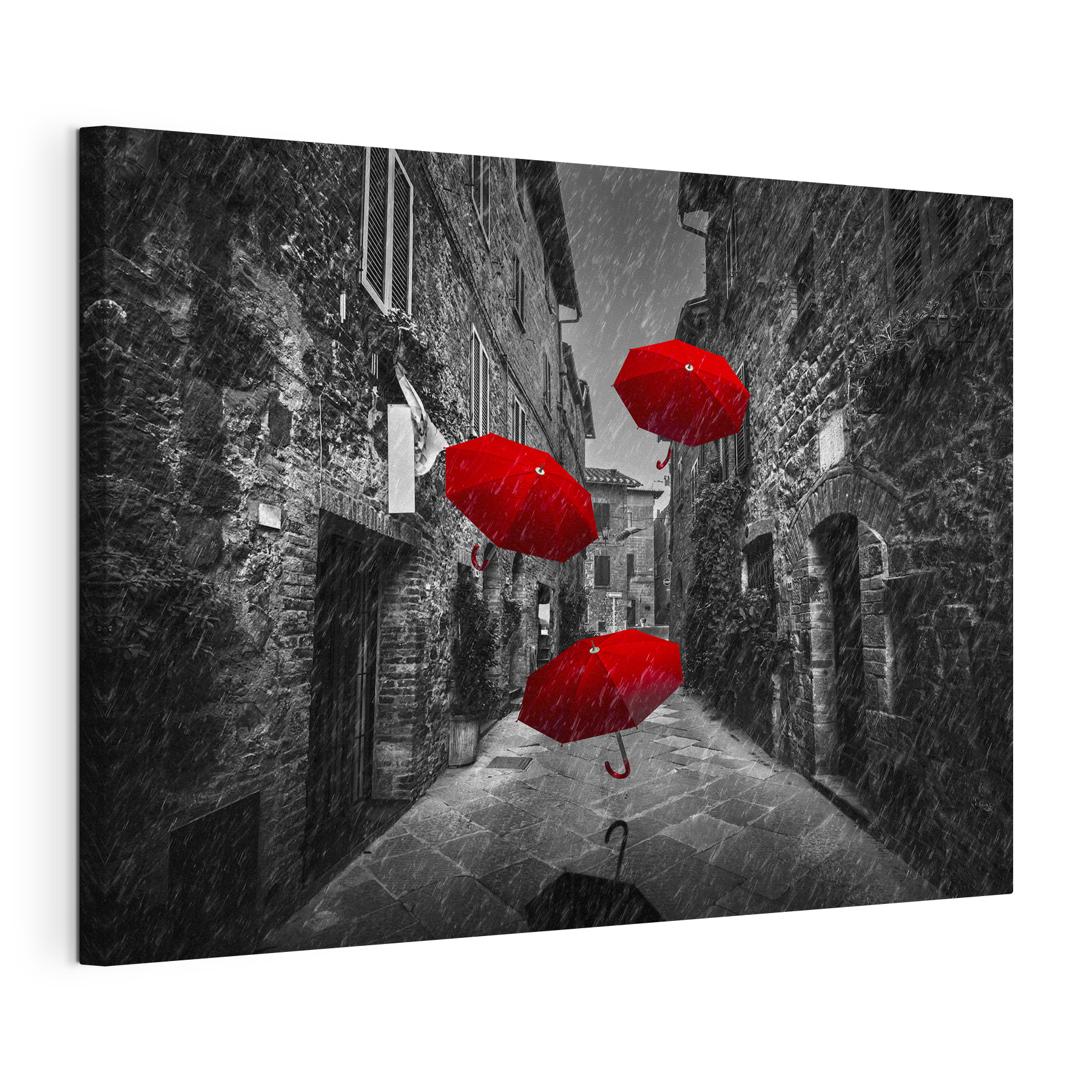 A group of red umbrellas flying in the air A group of red umbrellas flying in the air