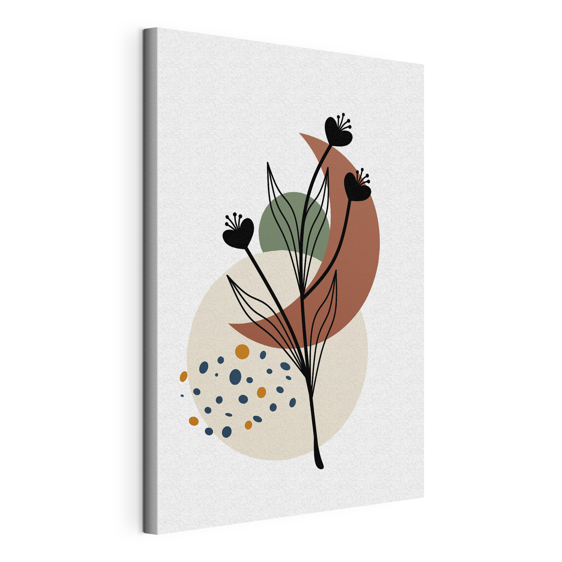 A black flower with leaves and circles A black flower with leaves and circles