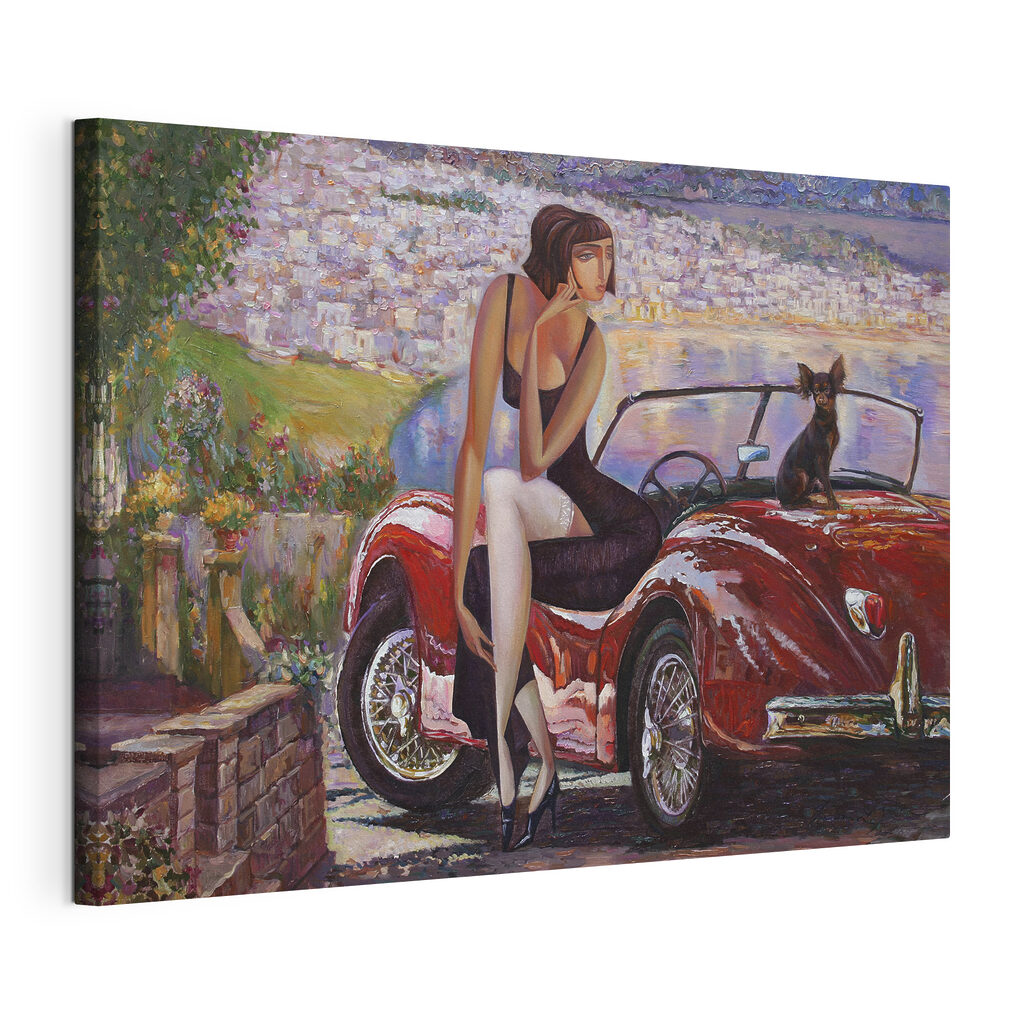 A painting of a woman sitting on a red car with a dog A painting of a woman sitting on a red car with a dog