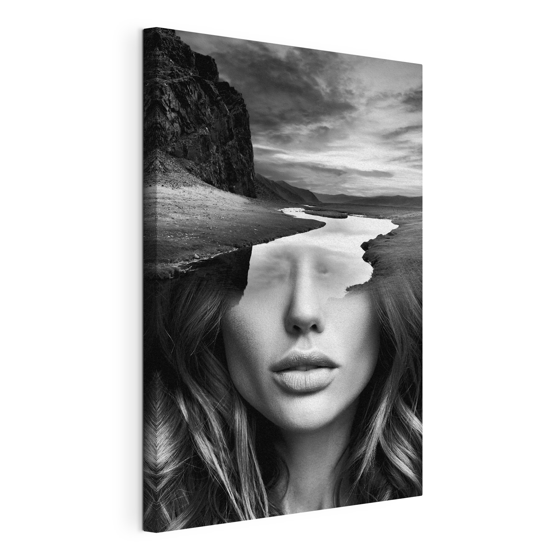A woman's face with a river and mountains A woman's face with a river and mountains