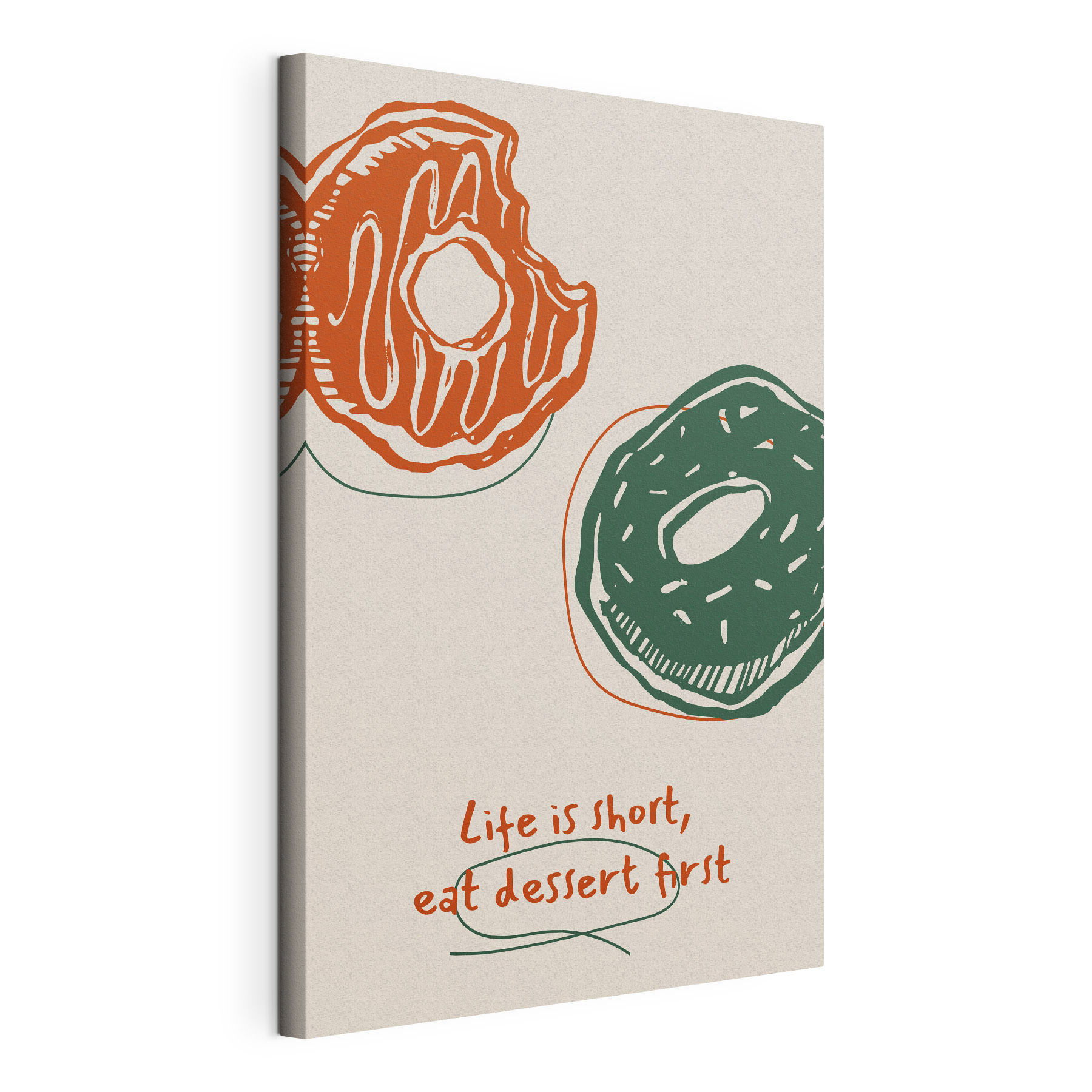 A drawing of donuts with green and orange icing
